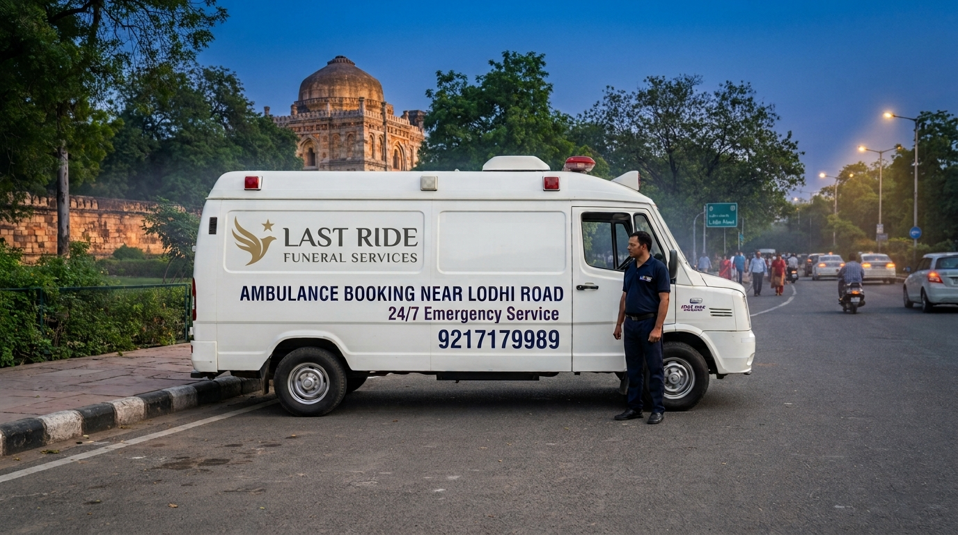 Last Ride Funeral branded ambulance and coordinator on-ground at Lodhi Road with 24/7 emergency service and helpline 9217179989 printed on the van