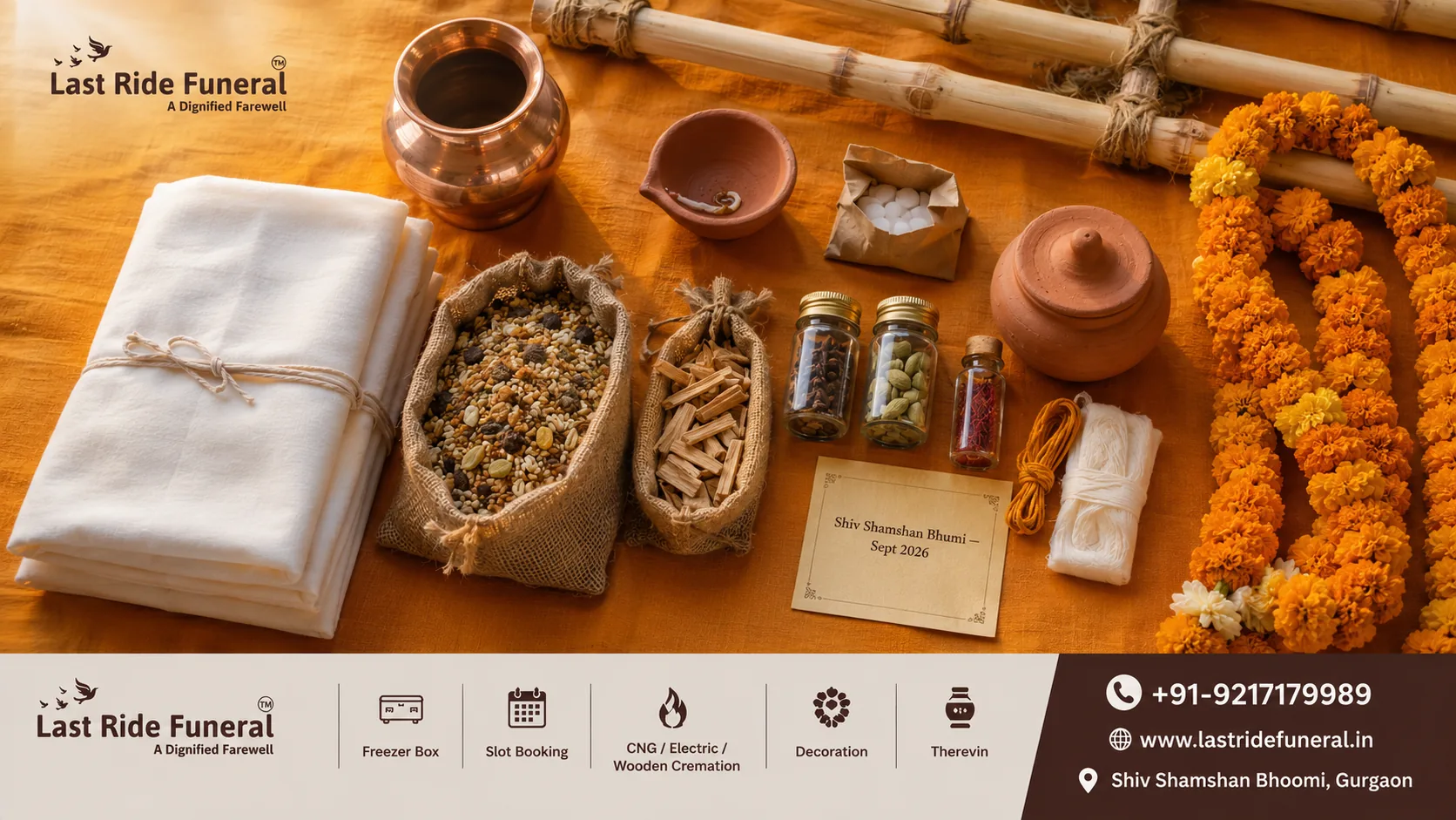 Gurgaon-specific antim sanskar samagri kit for wooden cremation at Shiv Shamshan Bhumi — kafan, ghee, havan bundle, sandalwood, arthi and clay kalash