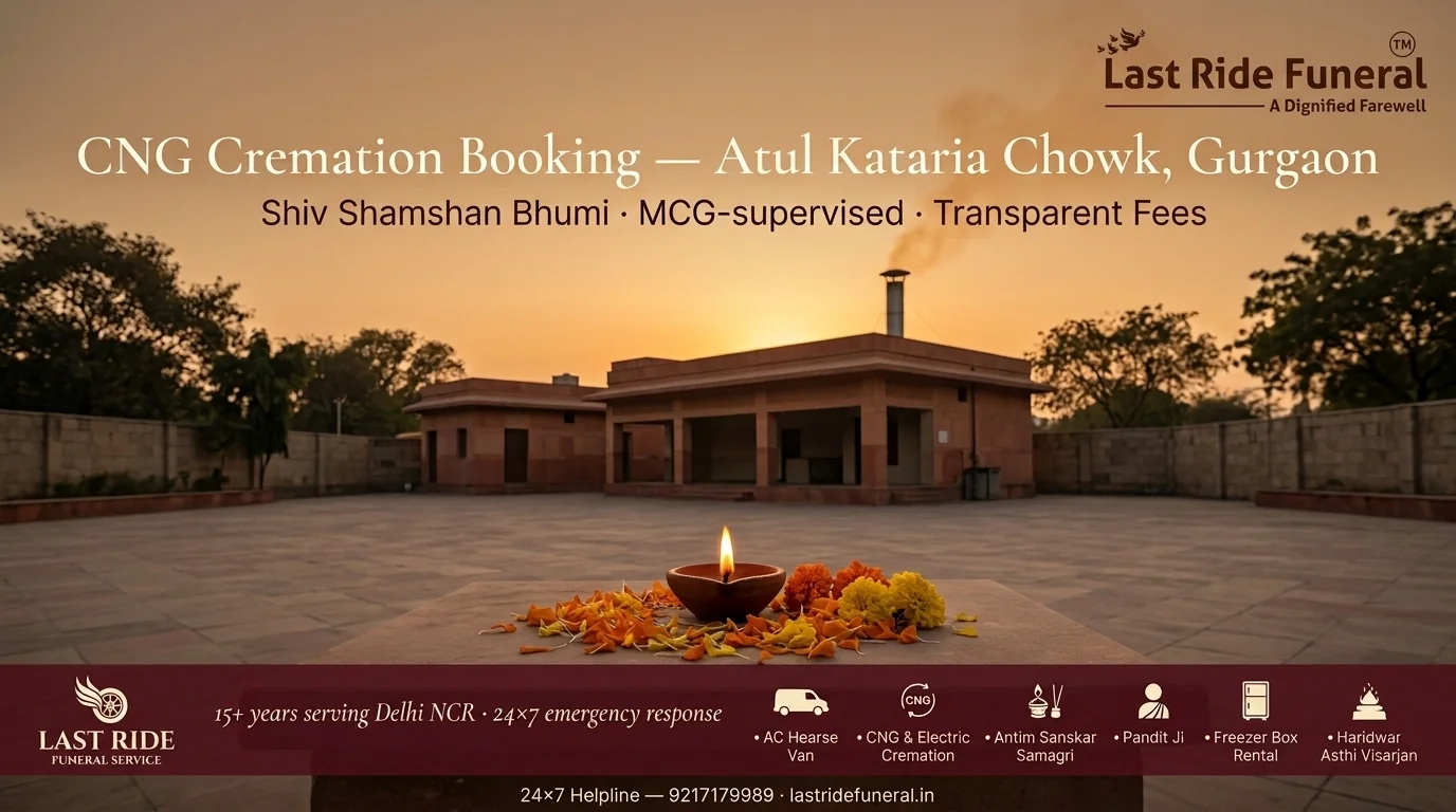 Shiv Shamshan Bhumi CNG Crematorium off Sheetla Mata Road at dusk near Atul Kataria Chowk, Sector 17, Gurgaon — Last Ride Funeral hero banner listing AC hearse, CNG & electric cremation, antim sanskar samagri, pandit ji, freezer box rental and Haridwar asthi visarjan