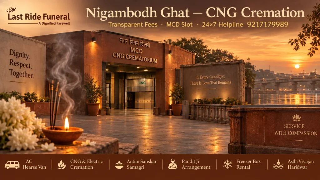 Nigambodh Ghat MCD CNG Crematorium at sunset over the Yamuna with a lit diya and Last Ride Funeral hero banner listing AC hearse, CNG cremation, samagri, pandit ji, freezer box and Haridwar asthi visarjan