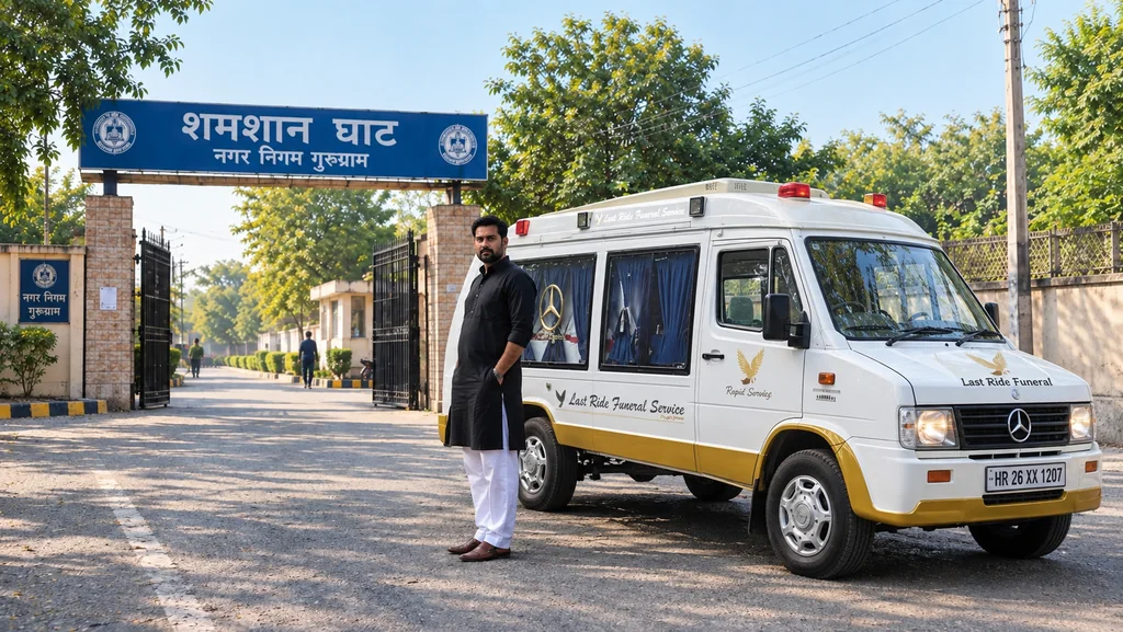 Last Ride Funeral shav vahan hearse van parked at Shiv Shamshan Bhumi gate near Atul Kataria Chowk, Gurgaon