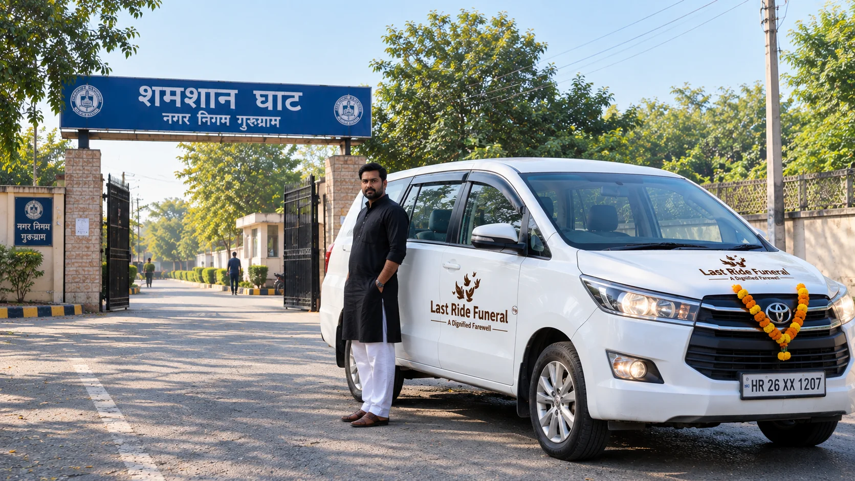 Last Ride Funeral shav vahan hearse van parked at Shiv Shamshan Bhumi gate near Atul Kataria Chowk, Gurgaon