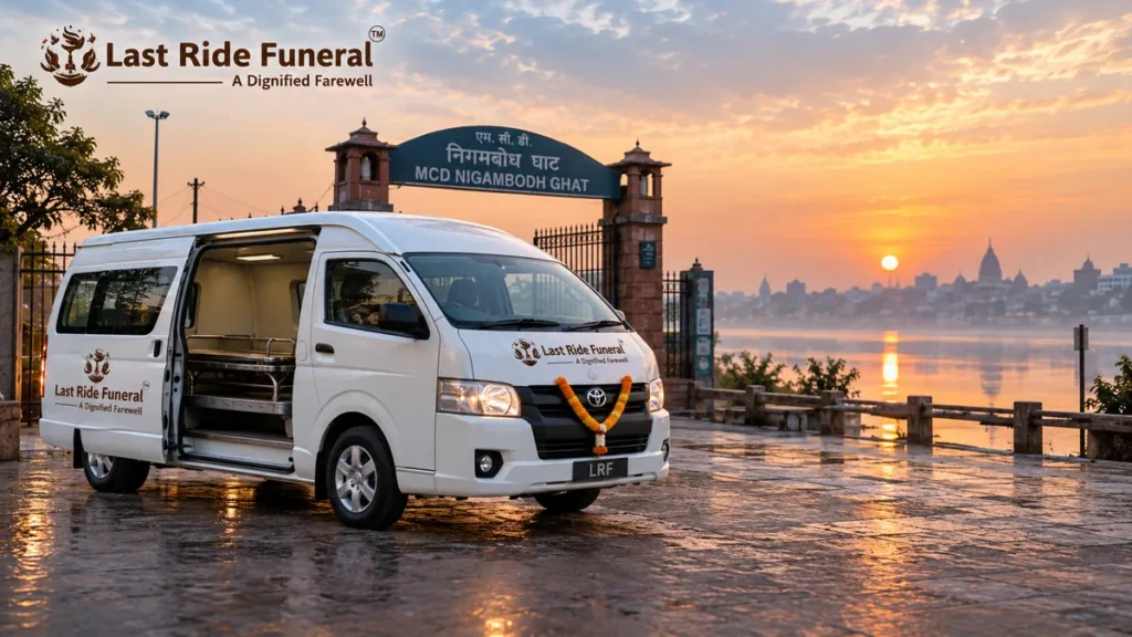 Hearse van at Nigambodh Ghat — Last Ride Funeral dead body transport, shav vahan and mortuary freezer van card