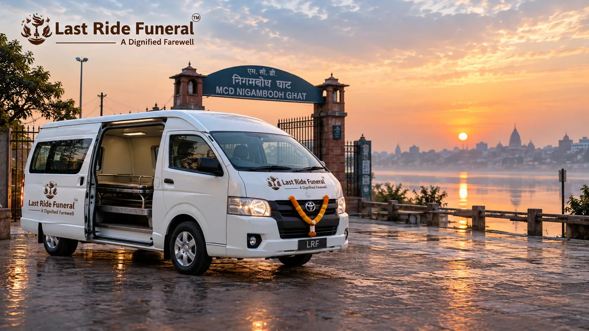 Hearse van at Nigambodh Ghat — Last Ride Funeral dead body transport, shav vahan and mortuary freezer van card