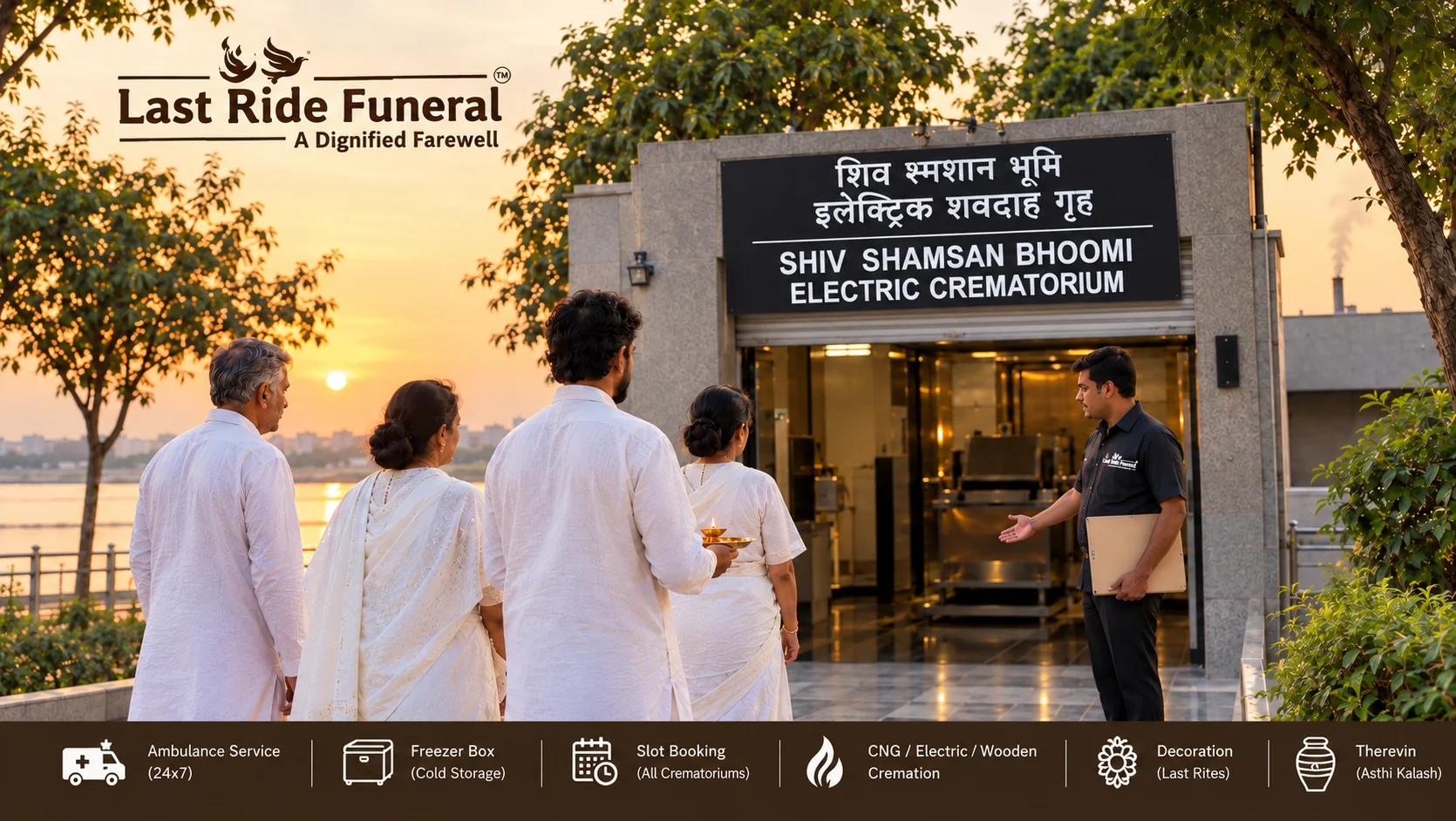 Family arriving at the Shiv Shamshan Bhumi electric crematorium off Sheetla Mata Road, Sector 17, Gurgaon