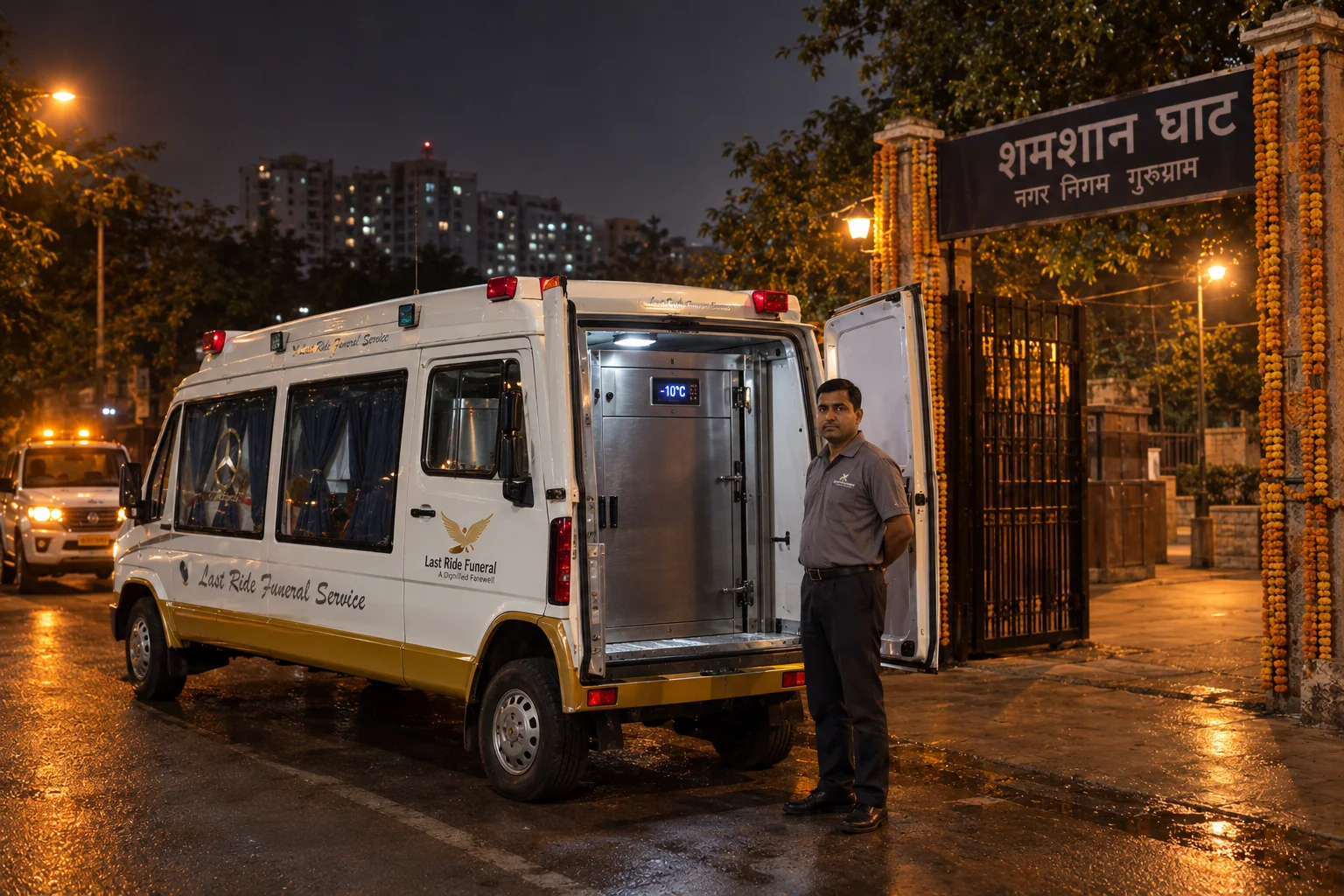 Last Ride Funeral freezer box ambulance at Atul Kataria Chowk near Shiv Shamshan Bhumi Gurgaon — 24×7 body preservation service