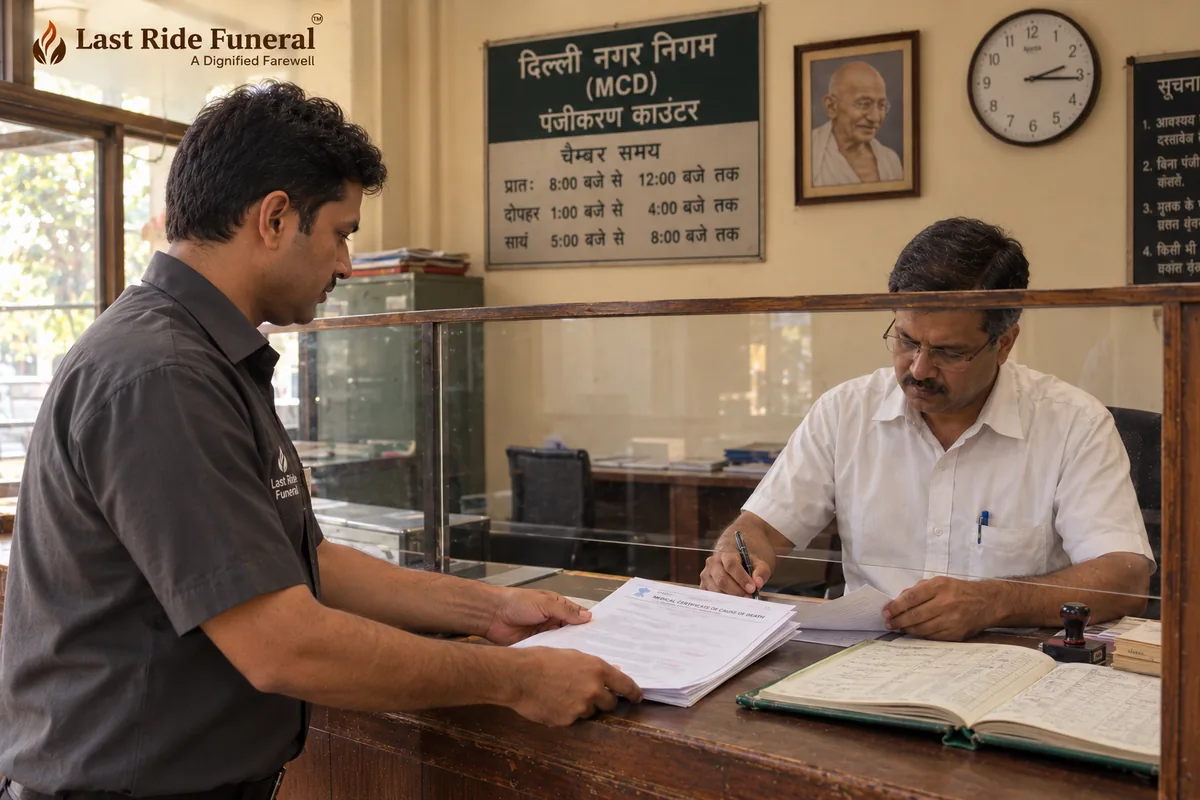 Last Ride Funeral coordinator submitting vidyut shav dah booking documents at Nigambodh Ghat electric chamber counter