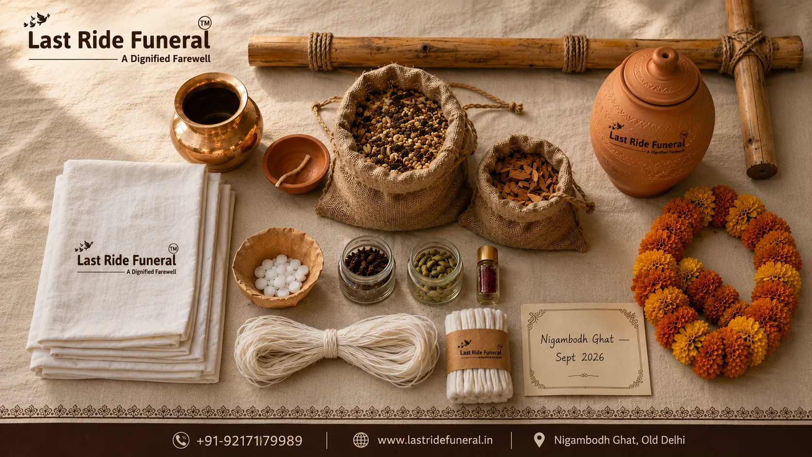 Complete antim sanskar samagri kit — kafan, ghee, havan samagri, sandalwood, camphor and clay kalash for wooden funeral service at Nigambodh Ghat