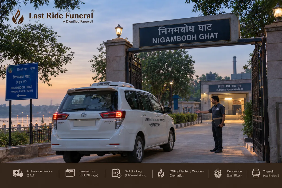 Last Ride Funeral hearse van arriving at Nigambodh Ghat gate for electric chamber slot booking