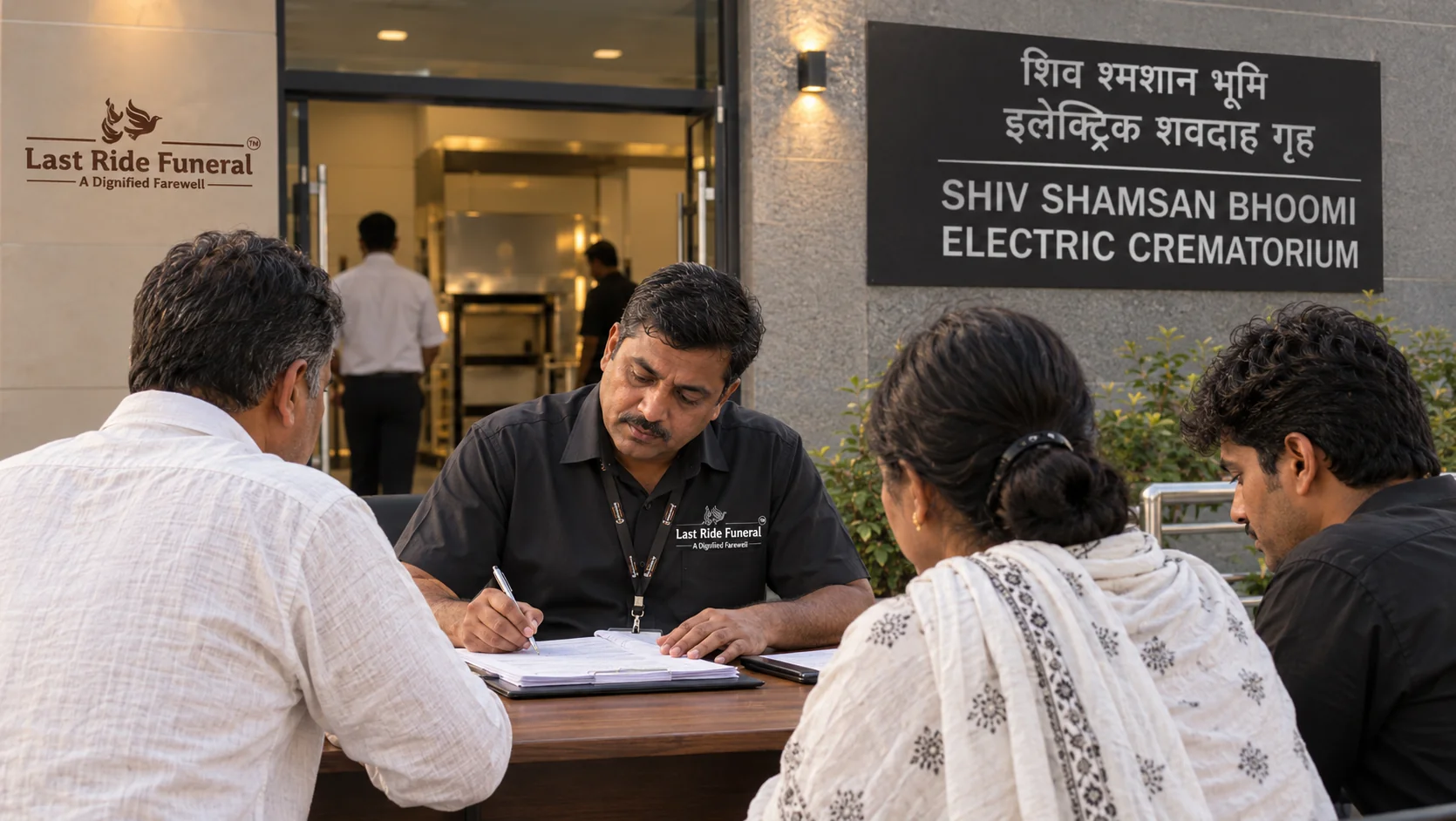 LRF Gurgaon coordinator Vinod handing MCG paperwork at the Shiv Shamshan Bhumi electric bay counter