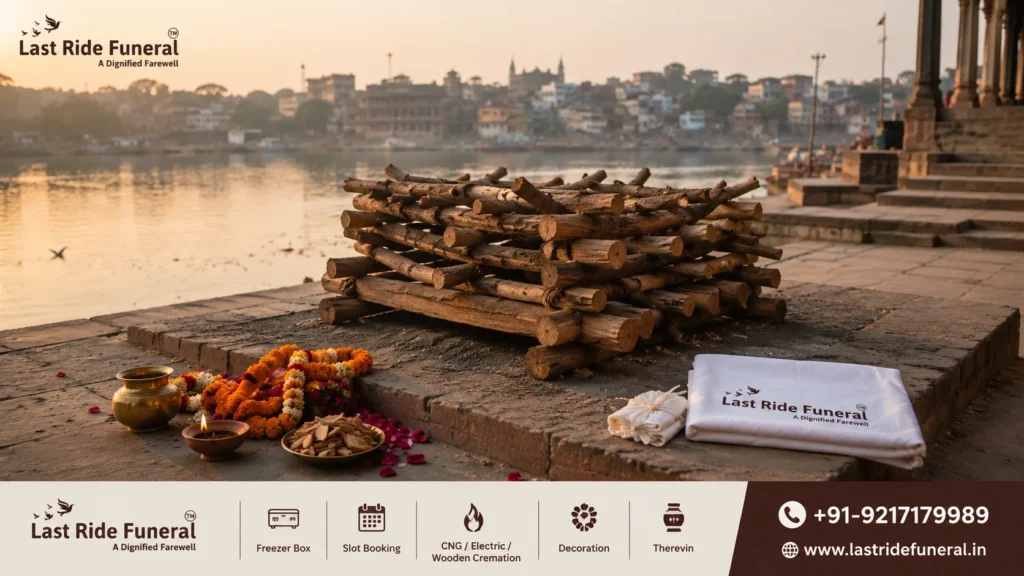 Traditional Vedic wooden funeral pyre prepared at Nigambodh Ghat on the Yamuna riverfront, Delhi