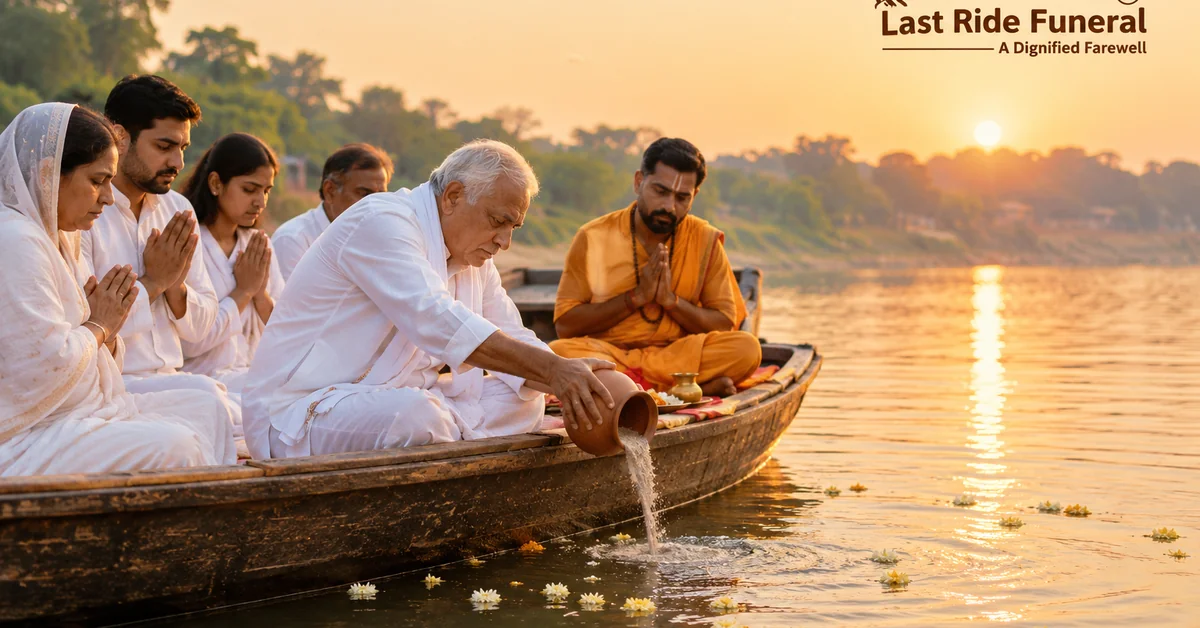 Family performing asthi visarjan from a traditional boat on the Ganga at Brajghat Garhmukteshwar — Last Ride Funeral Service outstation asthi visarjan transport from Delhi NCR, pandit booking, kalash, riverbank cremation services Garhmukteshwar