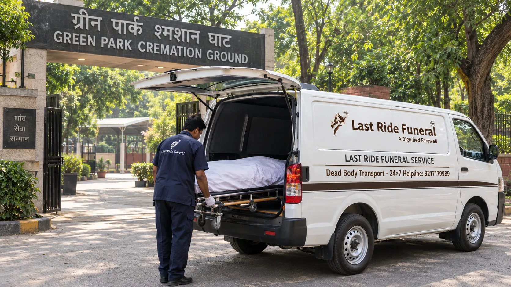 Shav vahan hearse van parked outside Green Park Shamshan Ghat entrance on Panchsheel Marg, South Delhi — dead body transport by Last Ride Funeral, 9217179989