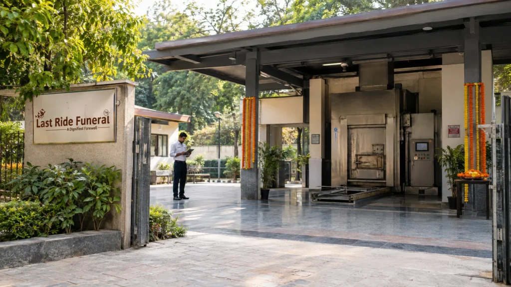 Green Park Shamshan Ghat courtyard and electric chamber bay with the MCD token counter in the foreground, Aurobindo Marg, South Delhi