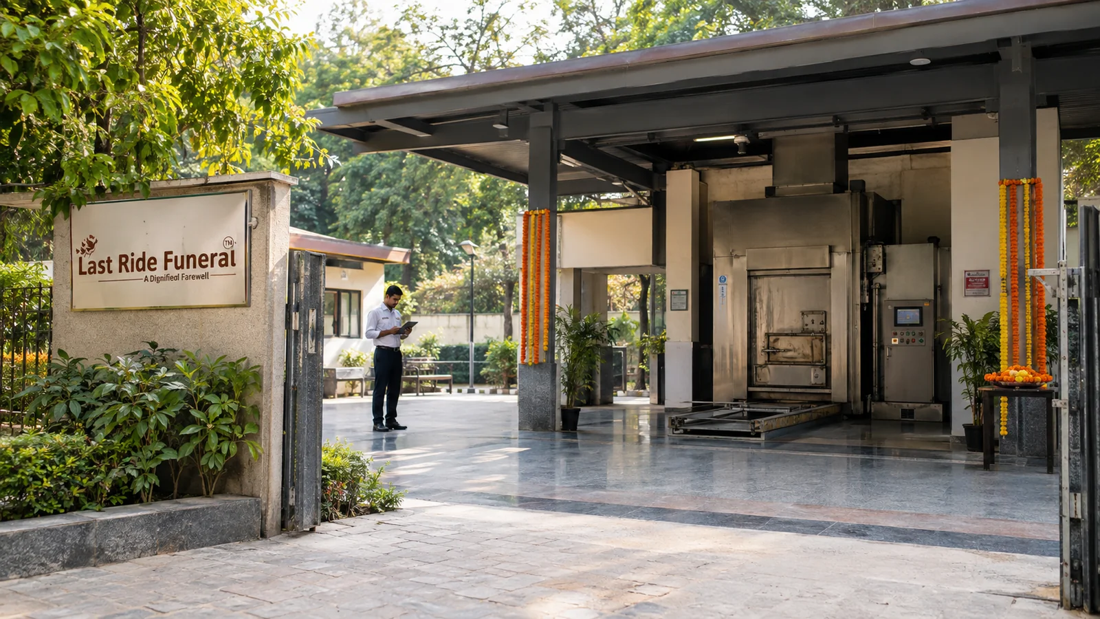 Green Park Shamshan Ghat courtyard and electric chamber bay with the MCD token counter in the foreground, Aurobindo Marg, South Delhi