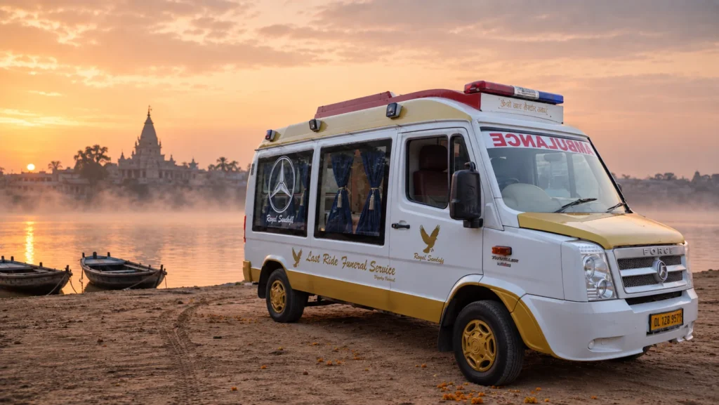 Last Ride Funeral premium AC glass hearse van arriving at Brajghat, Garhmukteshwar at dawn — Hearse Van Booking Delhi for outstation antim sanskar