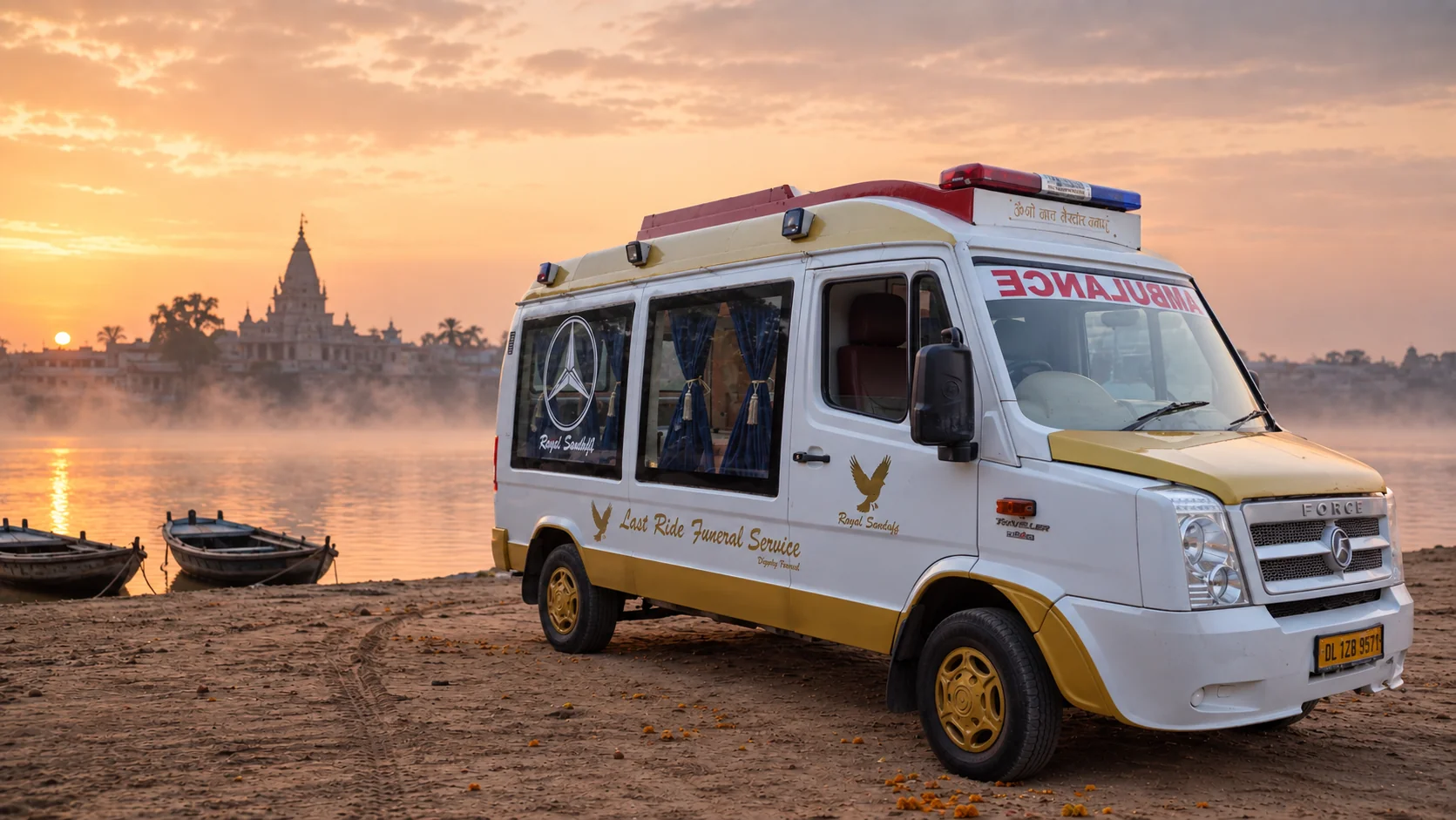 Last Ride Funeral premium AC glass hearse van arriving at Brajghat, Garhmukteshwar at dawn — Hearse Van Booking Delhi for outstation antim sanskar