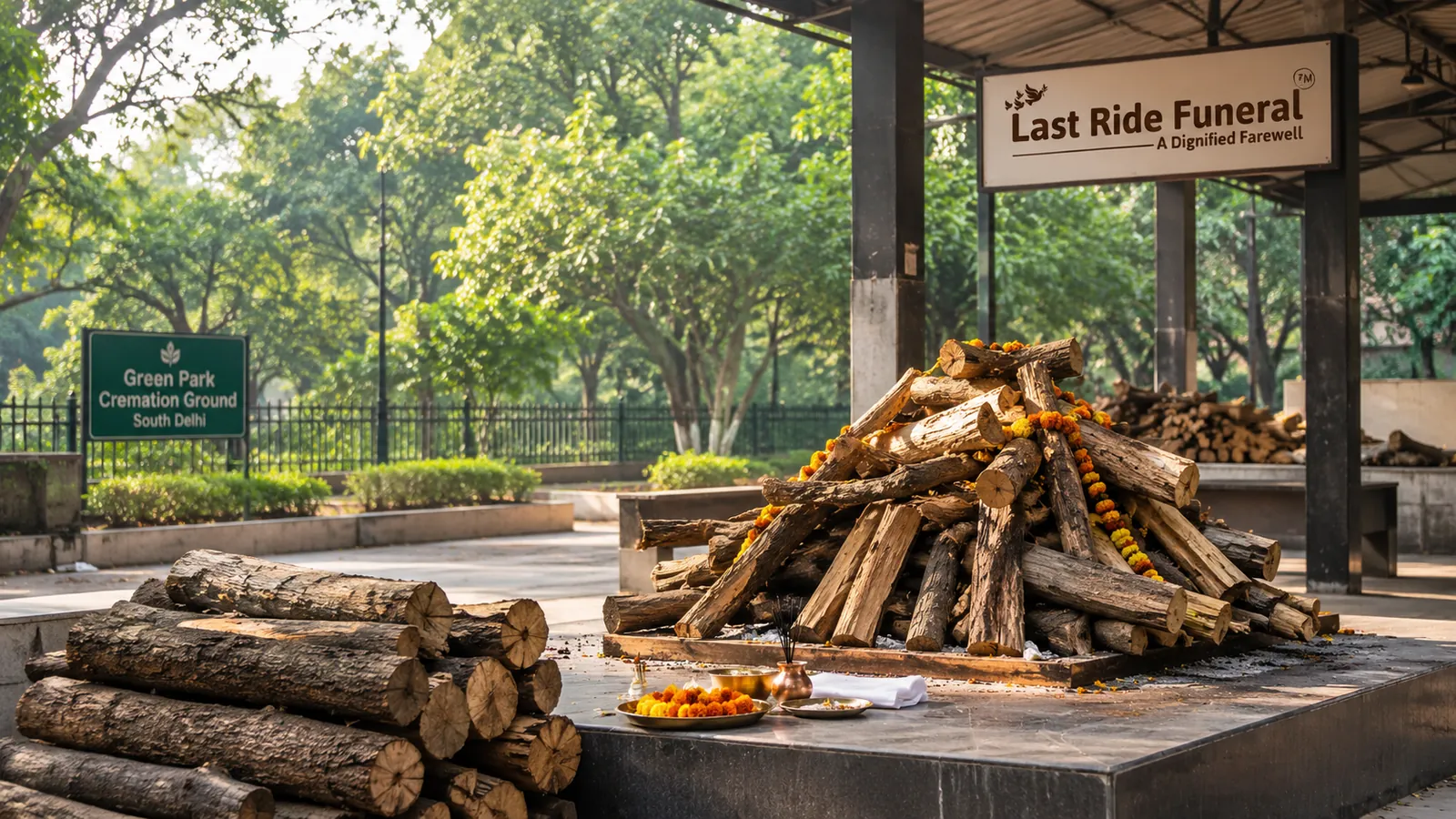 Seasoned mango wood weighed on a mechanical scale at Green Park Shamshan Ghat before a traditional pyre is built, South Delhi