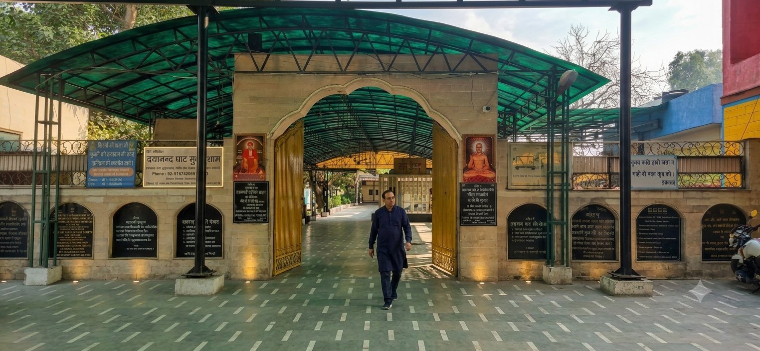 Amardham memorial at Lodhi Road Cremation Ground decorated with marigolds and floral offerings