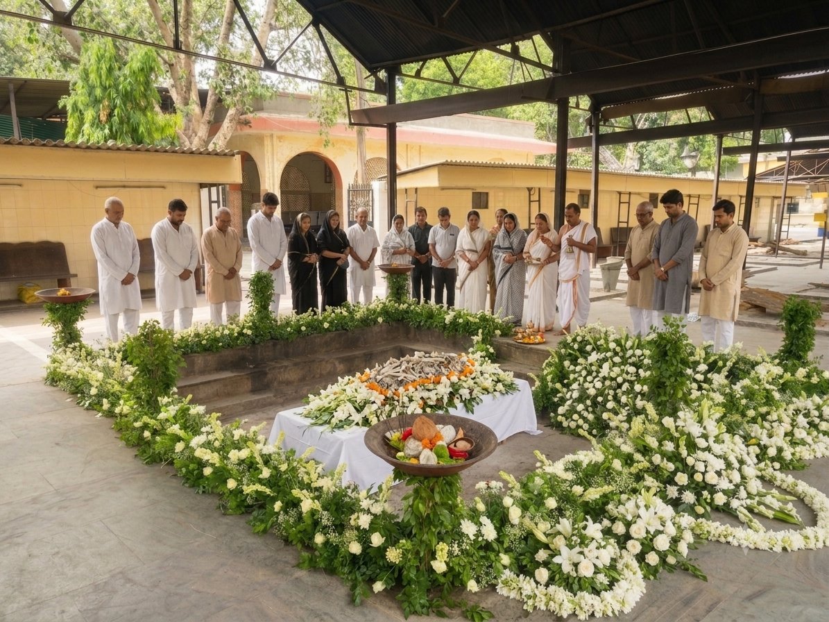 Family performing Antim Sanskar rituals at Lodhi Road Cremation Ground with white flowers and marigolds