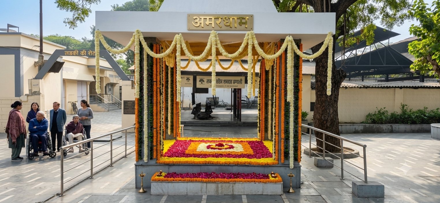 Entrance gateway of Lodhi Road Cremation Ground with green canopy and traditional signage