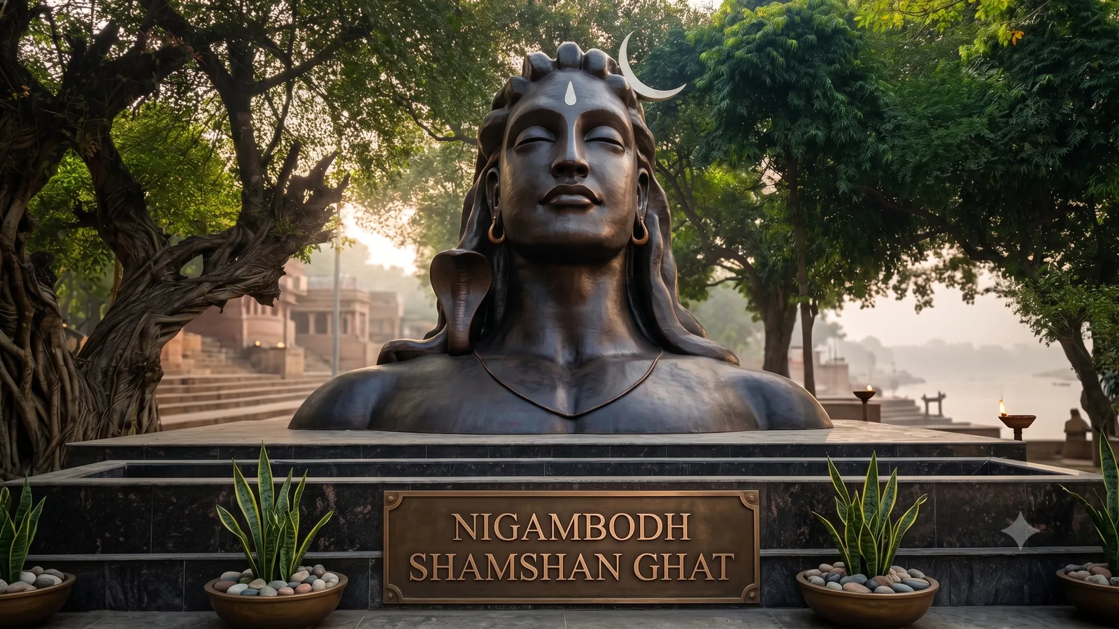 Memorial statue of Lord Shiva at Nigambodh Shamshan Ghat symbolising the Vedic connection to Lord Brahma's recovery of sacred knowledge at this ghat