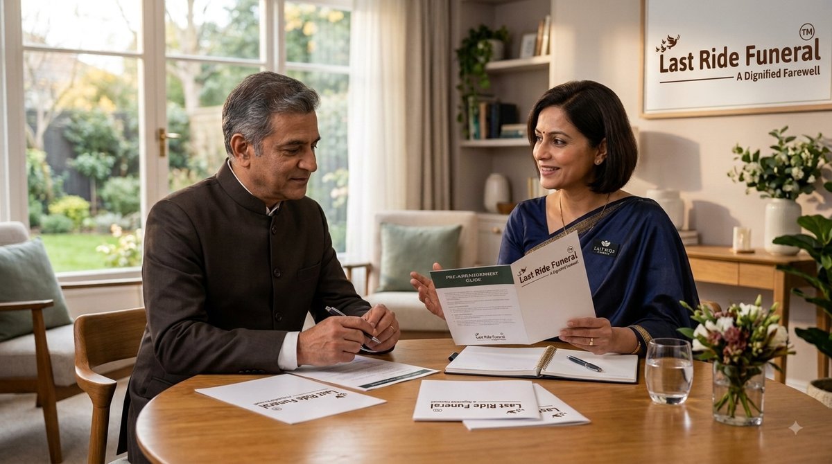 Last Ride Funeral Senior Manager Deepak conducting a pre-planning funeral consultation at a family home in Delhi NCR — showing the Pre-Arrangement Guide and payment protocol documents to a client seated across a warm-lit dining table