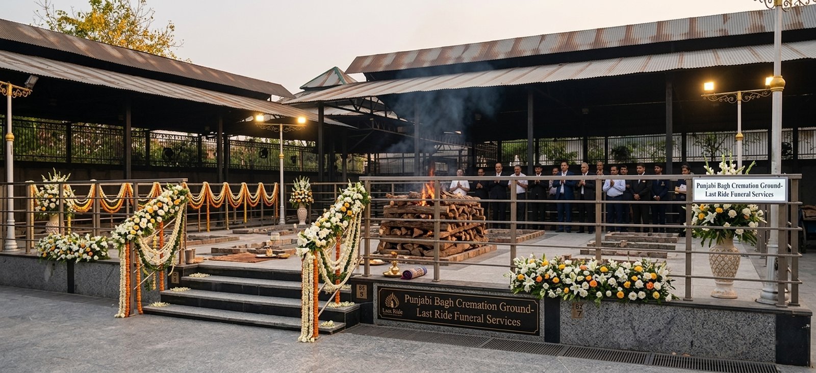 Punjabi Bagh Cremation Ground wood-pyre platform with active pyre during antim sanskar, marigold and rose flower garland decorations on both sides, family and priests gathered for the ceremony. Two Last Ride Funeral Services branded plaques visible on cremation platforms B5 and B7 at the PBCHS-managed Moksha Dwar, Ring Road, East Punjabi Bagh, New Delhi 110026.